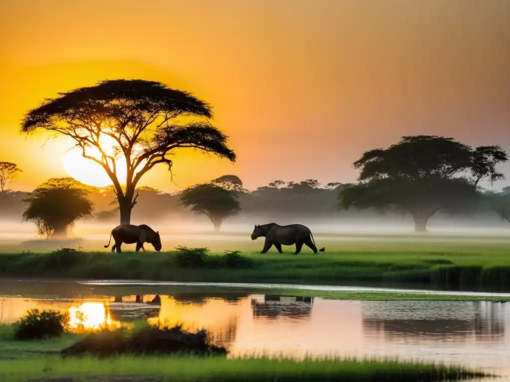 Un amanecer dorado sobre el Pantanal, con capibaras pacíficas y un jaguar en la distancia