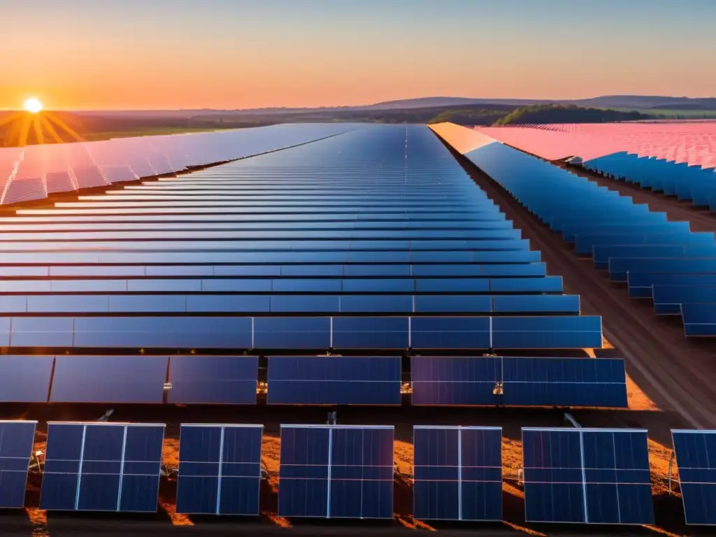 Un amanecer en una granja solar, con paneles solares en filas que se extienden hacia el horizonte