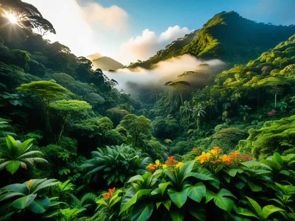 Un amanecer místico en un exuberante bosque nublado, que muestra la rica biodiversidad y los paisajes acústicos de Bosques Nublados