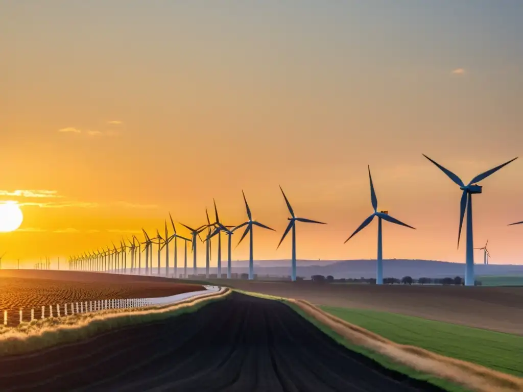 Un amanecer en un parque eólico, con turbinas altas y técnico realizando mantenimiento