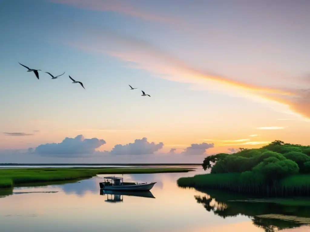 Un amanecer sereno sobre un estuario, reflejando el cielo rosa y dorado en sus tranquilas aguas