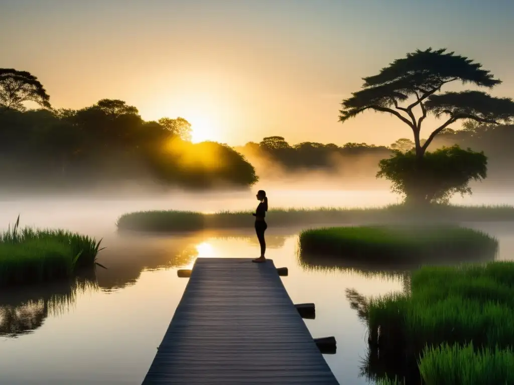 Un amanecer sereno en el pantano, donde una persona practica pranayama en un embarcadero rodeado de exuberante vegetación