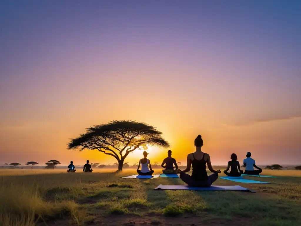 Un amanecer sereno ilumina una sabana africana mientras un grupo practica yoga