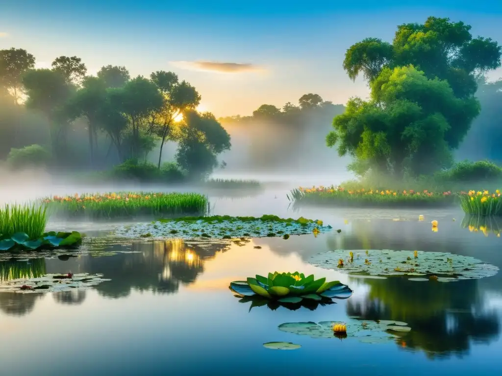 Un amanecer tranquilo en un humedal, con niebla sobre el agua y reflejos dorados del sol