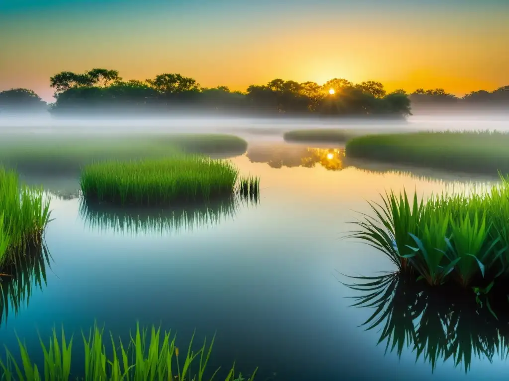 Un amanecer en un tranquilo pantano cubierto de neblina