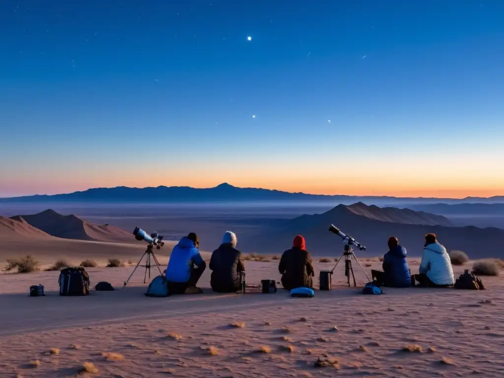 Amantes de la astronomía montando telescopios en el desierto al atardecer, observando las primeras estrellas