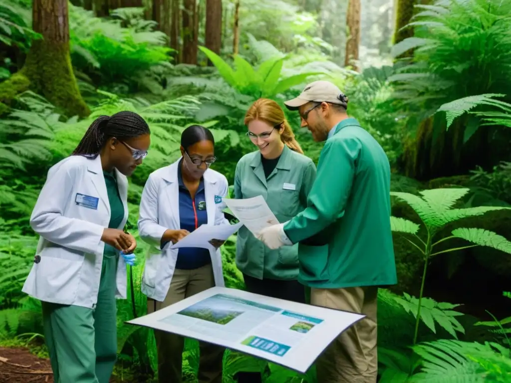 Participación pública en investigación ambiental: Grupo diverso de voluntarios trabajando en un bosque exuberante, colaborando y descubriendo