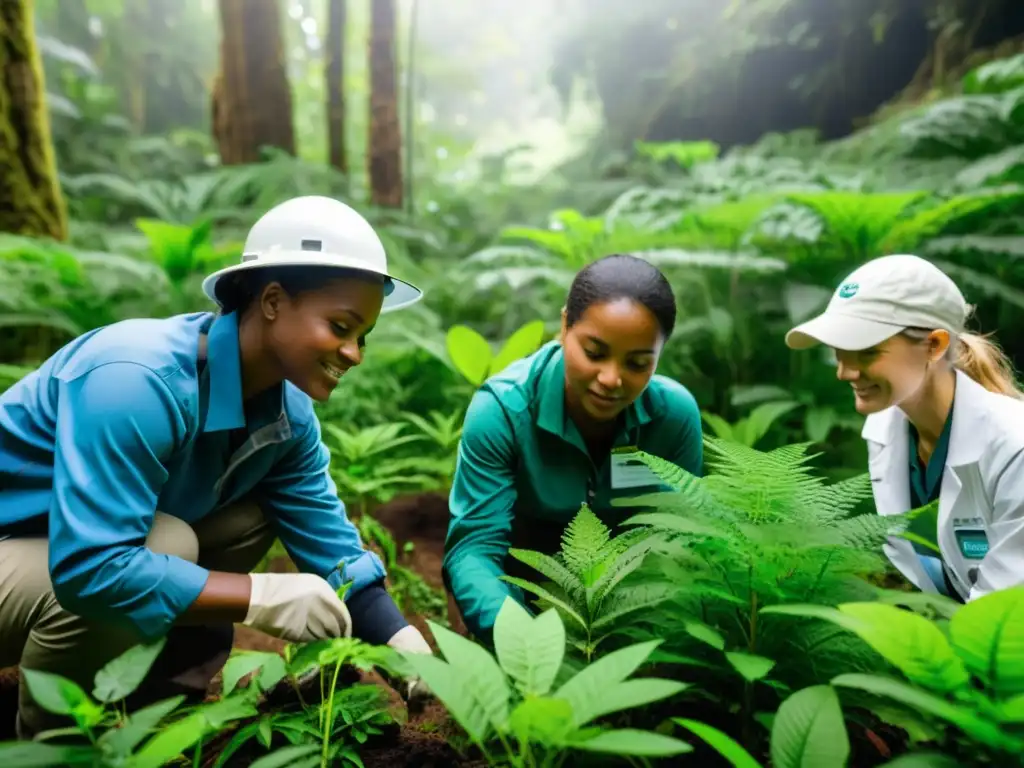 Participación pública en investigación ambiental: Voluntarios trabajando en conservación en un ecosistema vibrante y exuberante