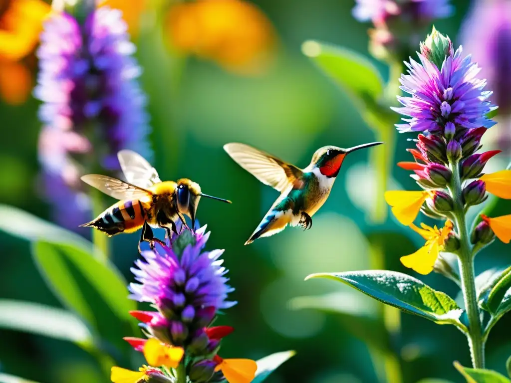 Un jardín amigable para polinizadores rebosante de vida y color, con flores y polinizadores en una interacción dinámica