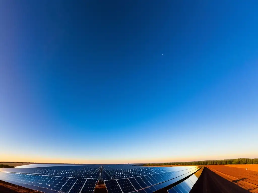 Amplia granja solar al amanecer, con paneles fotovoltaicos bajo cielo azul