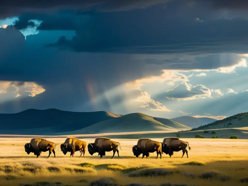 Esplendor sereno de la pradera: búfalos en la vastedad Amplia pradera bajo cielo dramático con bisontes