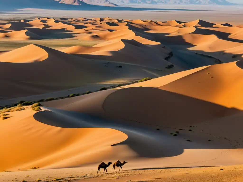 Amplia vista del desierto del Gobi al amanecer, con la luz dorada creando largas sombras en las dunas