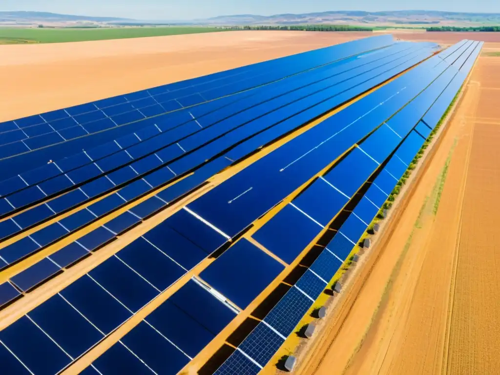 Amplia vista de una granja solar bajo cielo azul