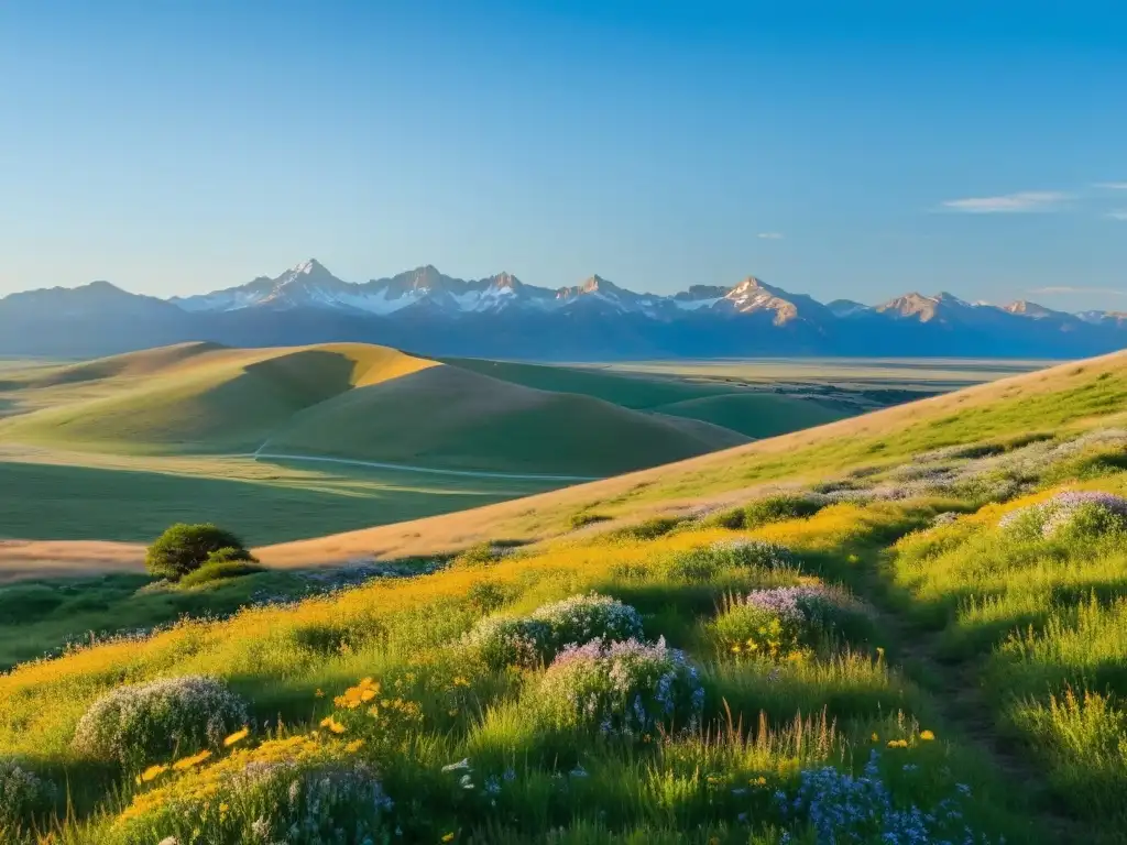 Amplias praderas bajo cielo azul, salpicadas de flores silvestres y rodeadas de montañas