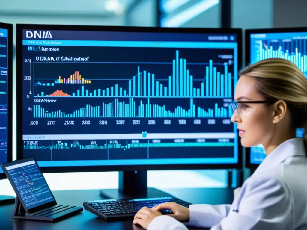 Análisis de datos en conservación de especies: Imagen de ADN analizado en pantalla con gráficos coloridos y científicos en laboratorio
