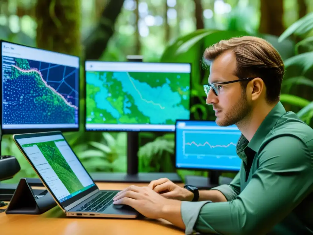 Un analista de datos examina visualizaciones de datos ecológicos en un entorno natural, rodeado de tecnología para la conservación de ecosistemas