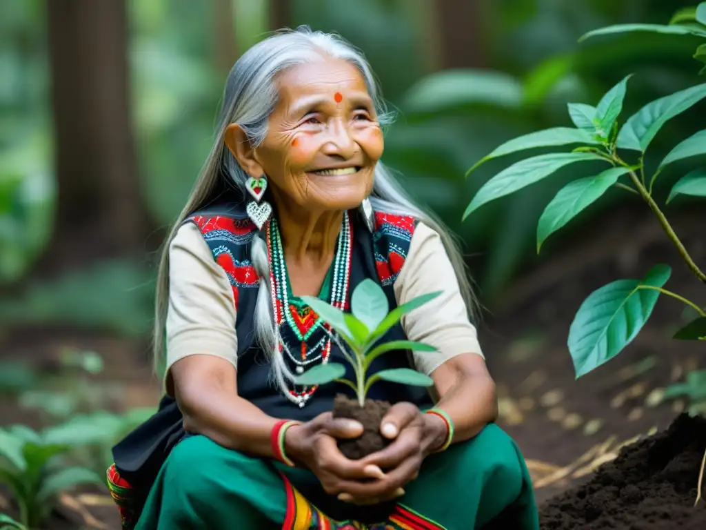 Una anciana indígena planta con sabiduría un árbol en la selva, enseñando educación ambiental intercultural a niños diversos