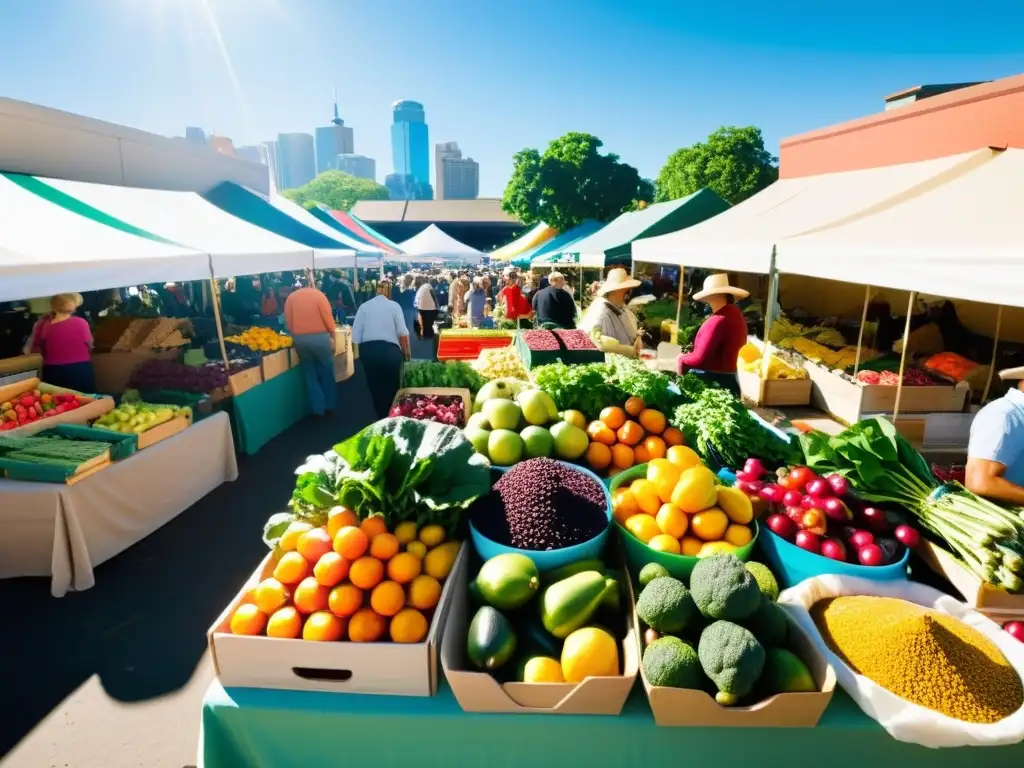 Un animado mercado de agricultores con frutas y verduras coloridas, promoviendo la sostenibilidad de los superalimentos y la comunidad local