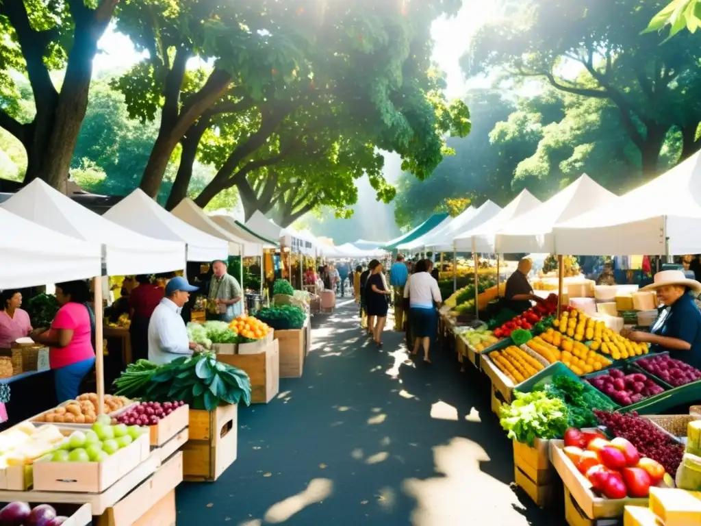 Un animado mercado de agricultores con frutas frescas, miel local, quesos artesanales y productos hechos a mano