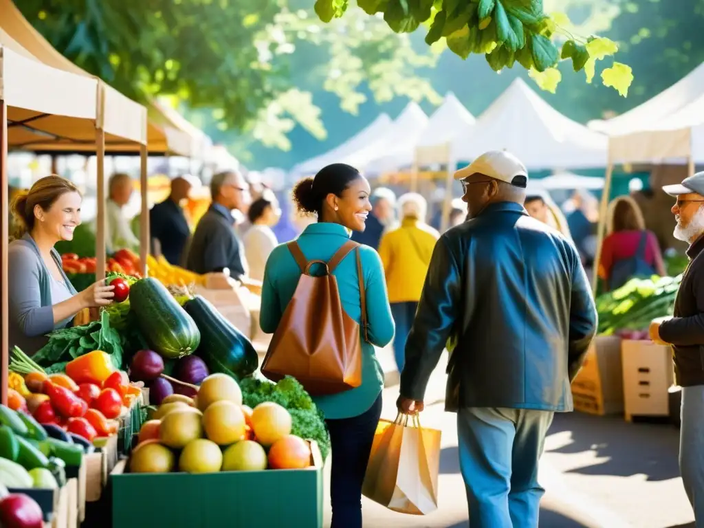 Comunidad vibrante en el mercado de agricultores Un animado mercado de agricultores, con gente diversa seleccionando productos orgánicos bajo la cálida luz del sol
