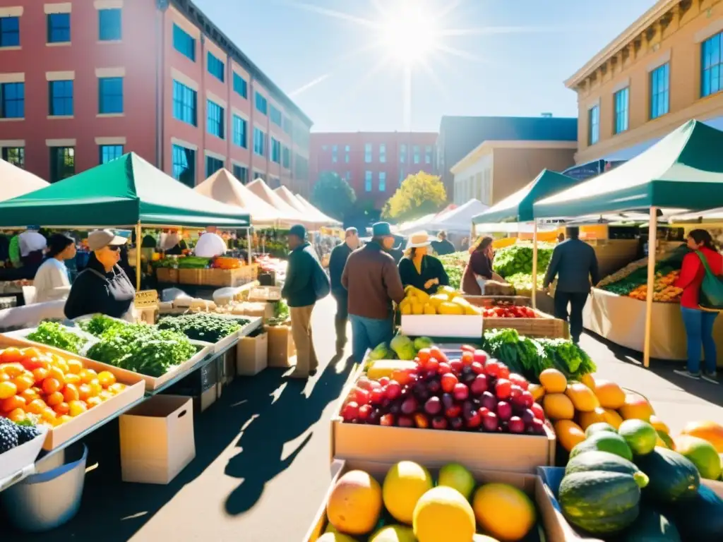 Un animado mercado de agricultores con una gran variedad de frutas, verduras y granos de colores