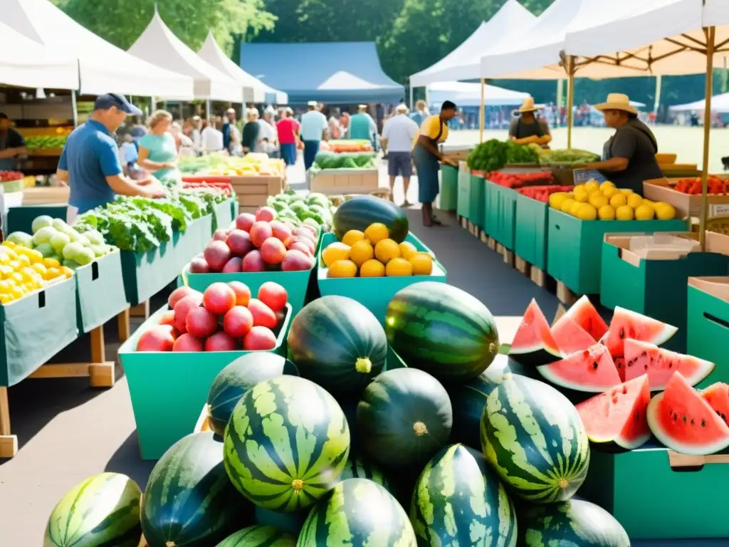 Un animado mercado de agricultores con productos frescos y coloridos en mesas de madera