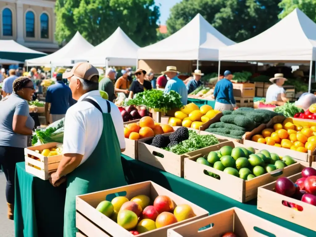 Un animado mercado de agricultores con productos orgánicos coloridos y vendedores interactuando con clientes