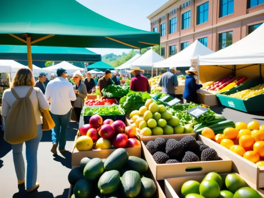 Un animado mercado de agricultores rebosante de frutas y verduras orgánicas