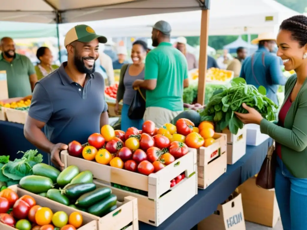 En el animado mercado de alimentos orgánicos, los clientes disfrutan de la abundancia de productos frescos y coloridos