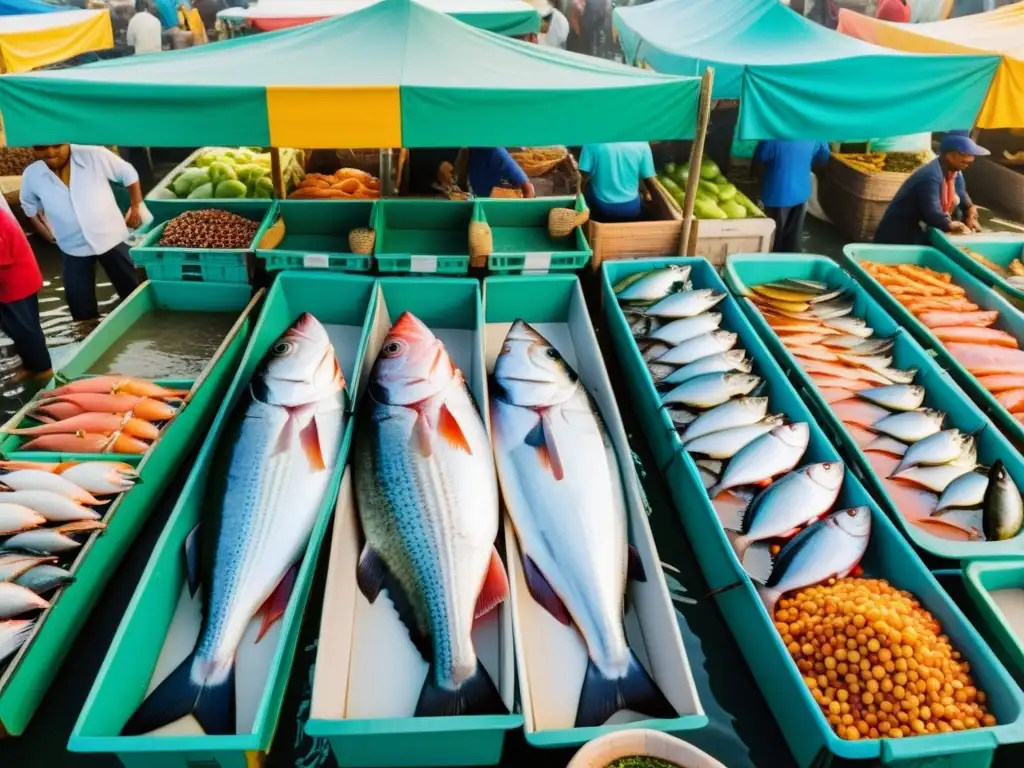 Animado mercado de pescado con pescadores y vendedores mostrando orgullosamente sus mariscos responsables sello orgánico