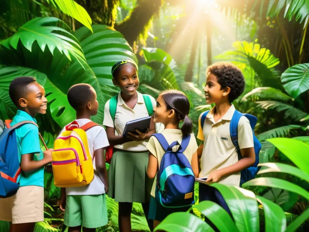 Un guía animado enseña a niños diversos en un bosque tropical, en un programa de educación ambiental sobre la biodiversidad