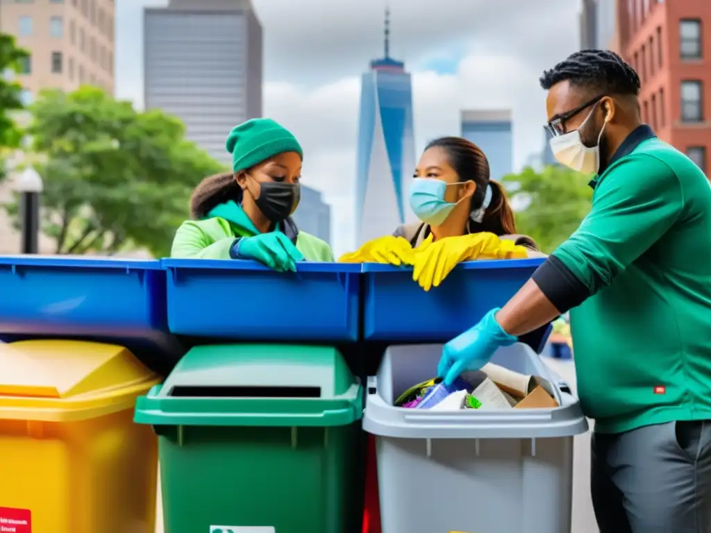 Un animado rincón urbano donde una diversa comunidad gestiona residuos en ecosistemas urbanos, separando materiales en coloridos contenedores