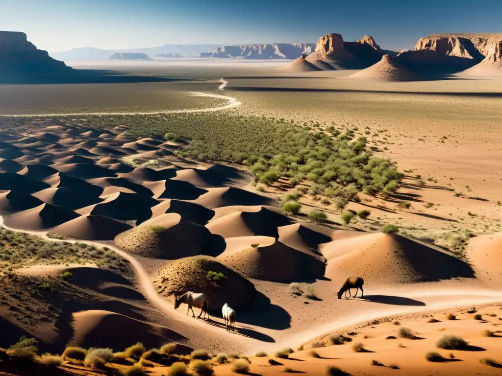 Animales sedientos buscan agua en paisaje árido