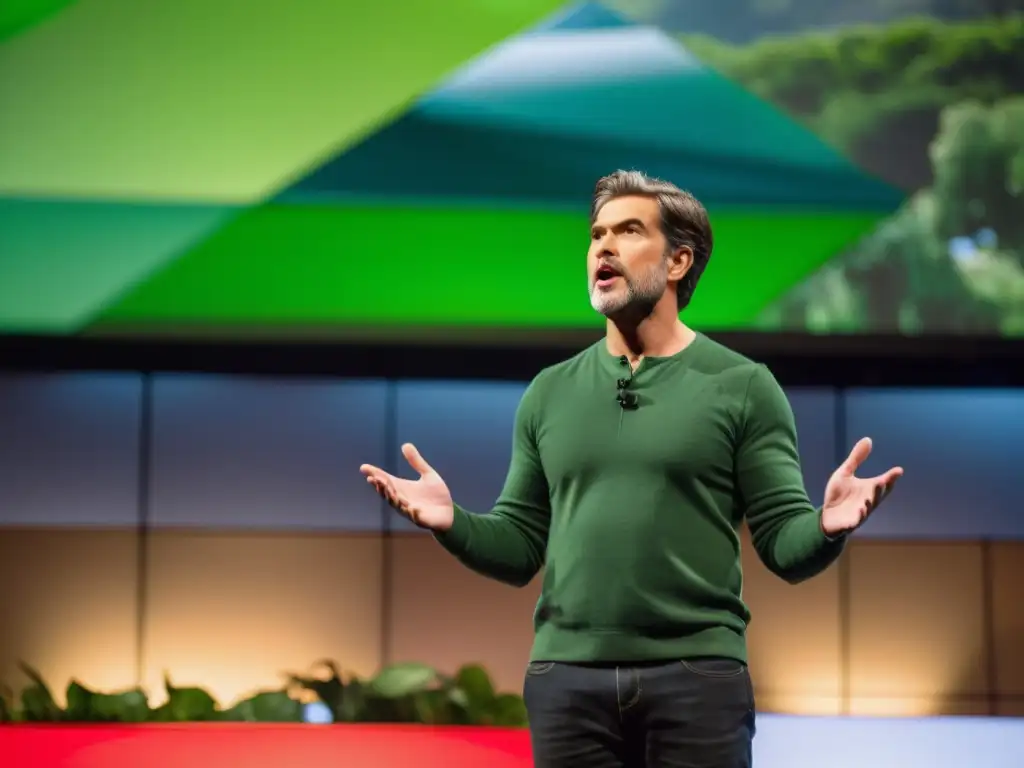 Apasionada conferencia TED sobre medio ambiente impacto, con activista emotivo y público comprometido