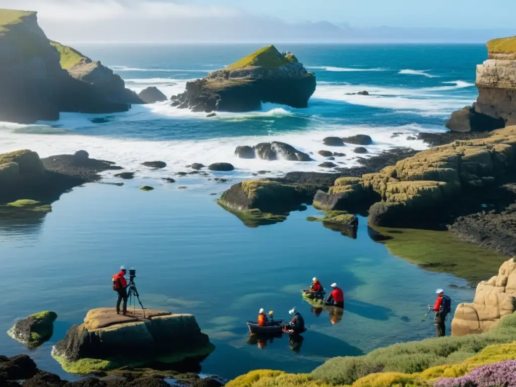 Exploración apasionada de oceanografía y ecología marina en remota costa rocosa, científicos recolectando muestras y estudiando la vida marina