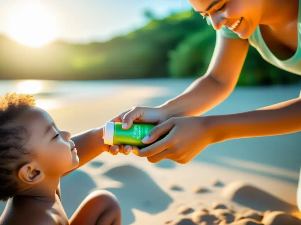 Aplicación cuidadosa de crema solar ecológica en la playa, protegiendo al planeta y a los niños con amor y responsabilidad