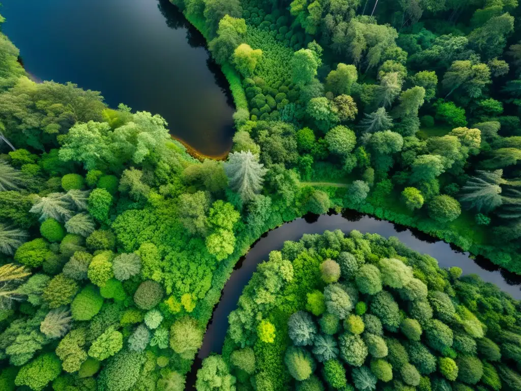 Aplicaciones de bioinformática en ecología: Bosque exuberante con diversa vida silvestre y río serpenteante, bañado por la luz del sol