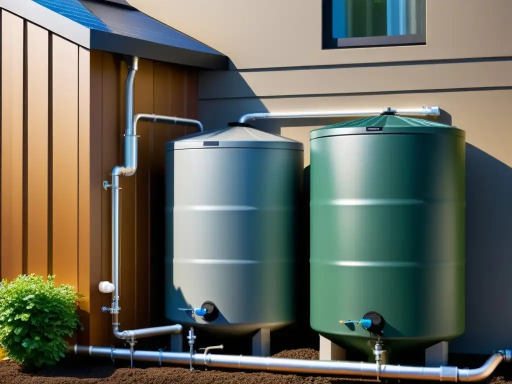 Sistema de recolección de agua de lluvia: moderno y sostenible Aprovechamiento de aguas pluviales en edificio moderno, sistema de recolección de agua de lluvia con barriles y filtro, sostenible y práctico