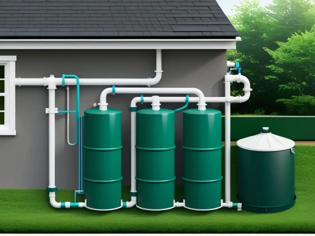 Captura de sistema de recolección de agua de lluvia Aprovechamiento de aguas pluviales en sistema residencial, capturando la red de tuberías, tanques y componentes clave en entorno realista y sostenible