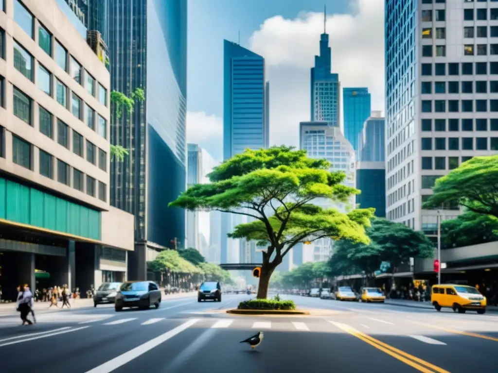 Un árbol solitario destaca entre rascacielos, simbolizando la pérdida de biodiversidad en entornos urbanos