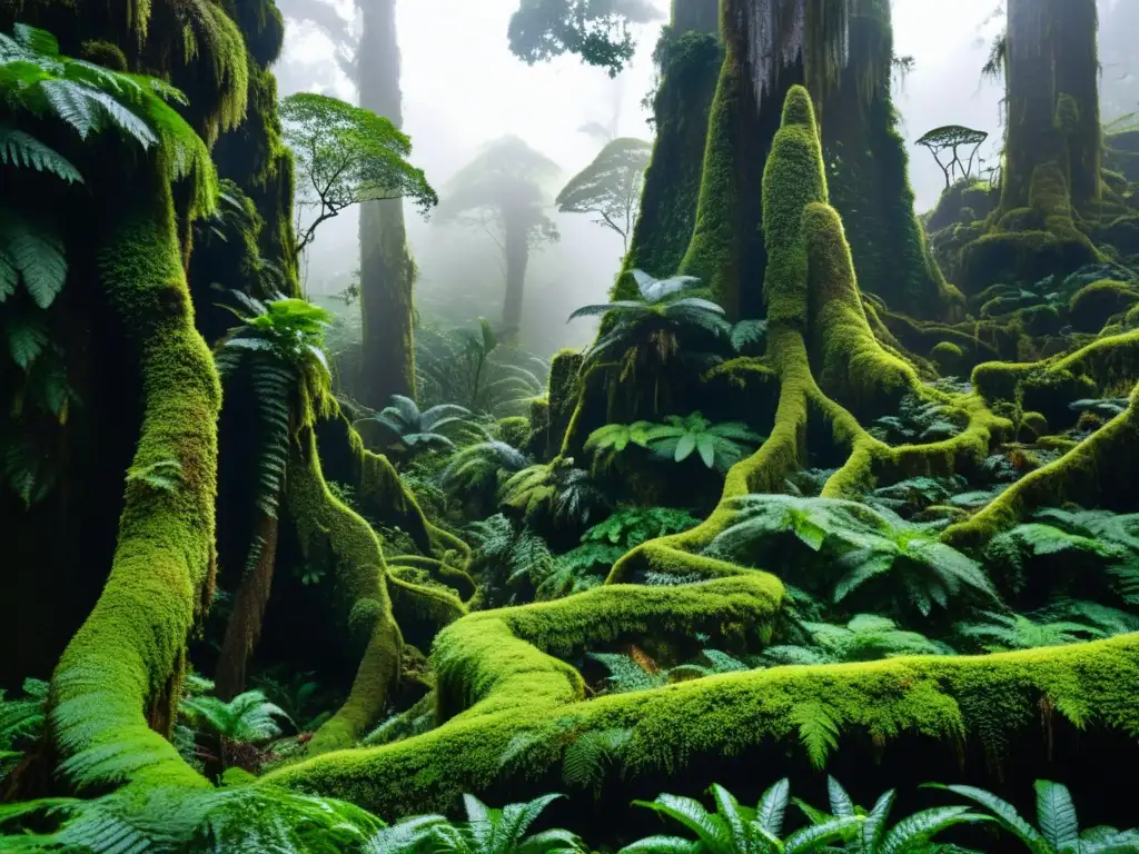 Árboles emblemáticos en un bosque nublado, cubiertos de musgo verde vibrante, con una atmósfera misteriosa y encantadora