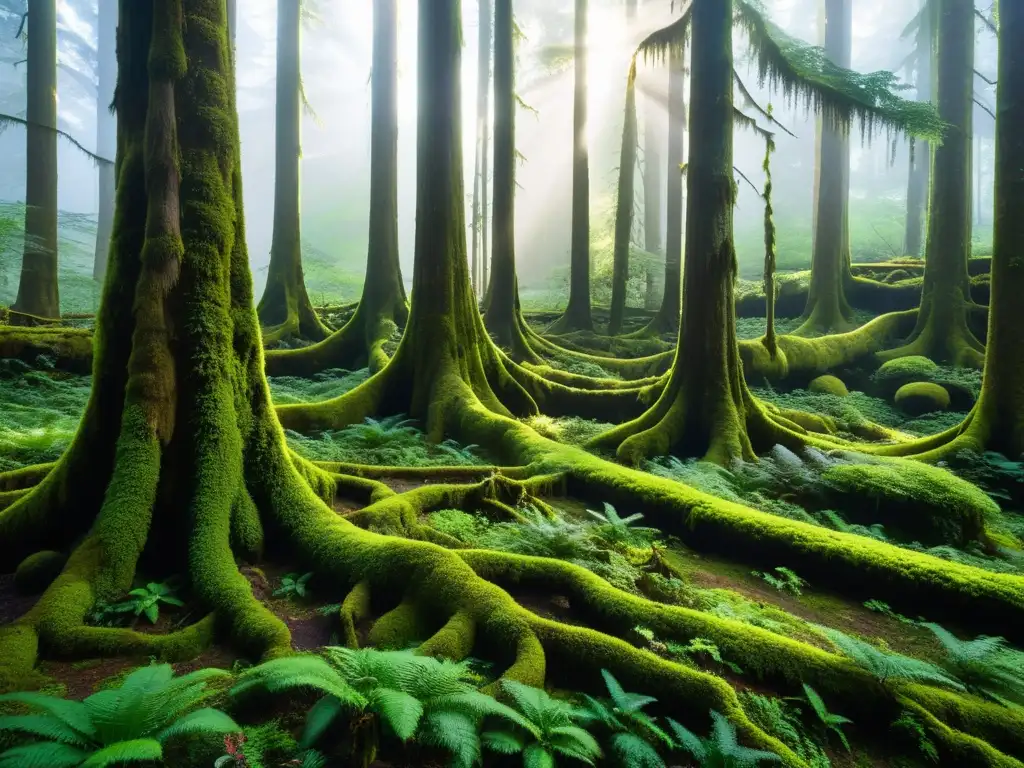 Árboles emblemáticos en bosque nublado, cubiertos de musgo verde vibrante, raíces intrincadas y exuberante vegetación