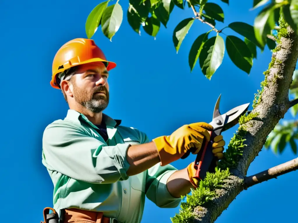 Un arborista profesional podando con cuidado una rama de árbol, rodeado de exuberante vegetación y cielo azul