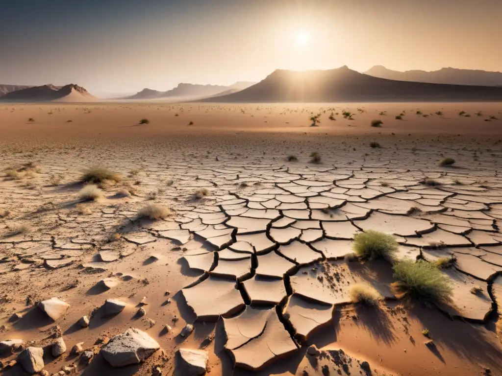 Arida vista del desierto con tierra agrietada, vegetación escasa y efectos del cambio climático