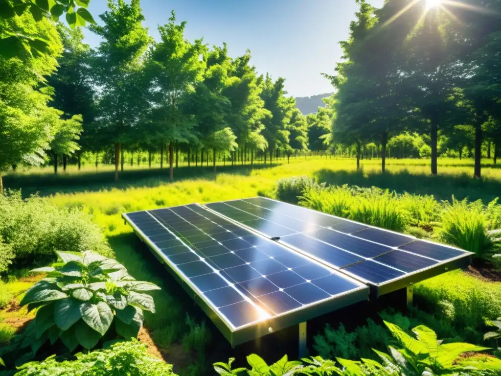 Instalación de paneles solares en paisaje verde Una armoniosa integración de energía renovable en un exuberante paisaje, con paneles solares relucientes y trabajadores inspeccionando la instalación