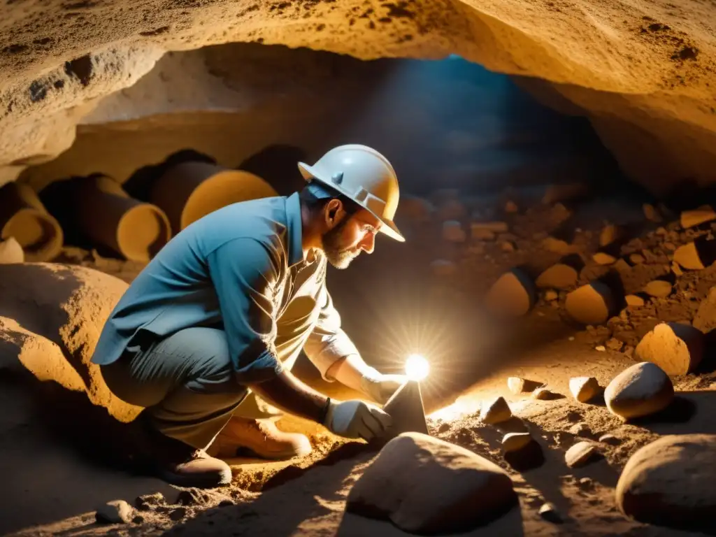 Un arqueólogo realiza descubrimientos arqueológicos en cuevas, desenterrando artefactos antiguos con cuidado en la tenue luz de la cueva