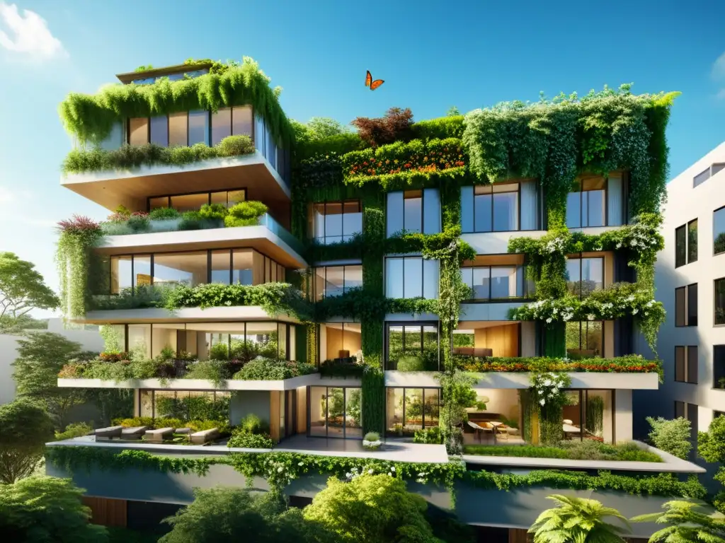 Arquitectura verde y respeto a la biodiversidad: Edificio moderno cubierto de exuberante vegetación, integrándose armoniosamente con la naturaleza