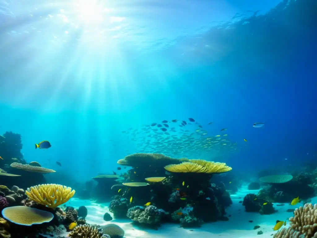 Un arrecife de coral bullicioso, vida marina en arrecifes de palabras, con peces coloridos y formaciones de coral, bañados por la luz solar