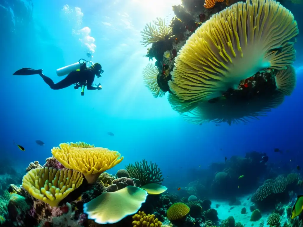 Un arrecife de coral lleno de vida marina, con corales coloridos y peces en aguas cristalinas