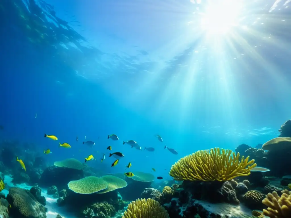 Arrecife de coral tropical con peces herbívoros, vital para la salud del ecosistema marino